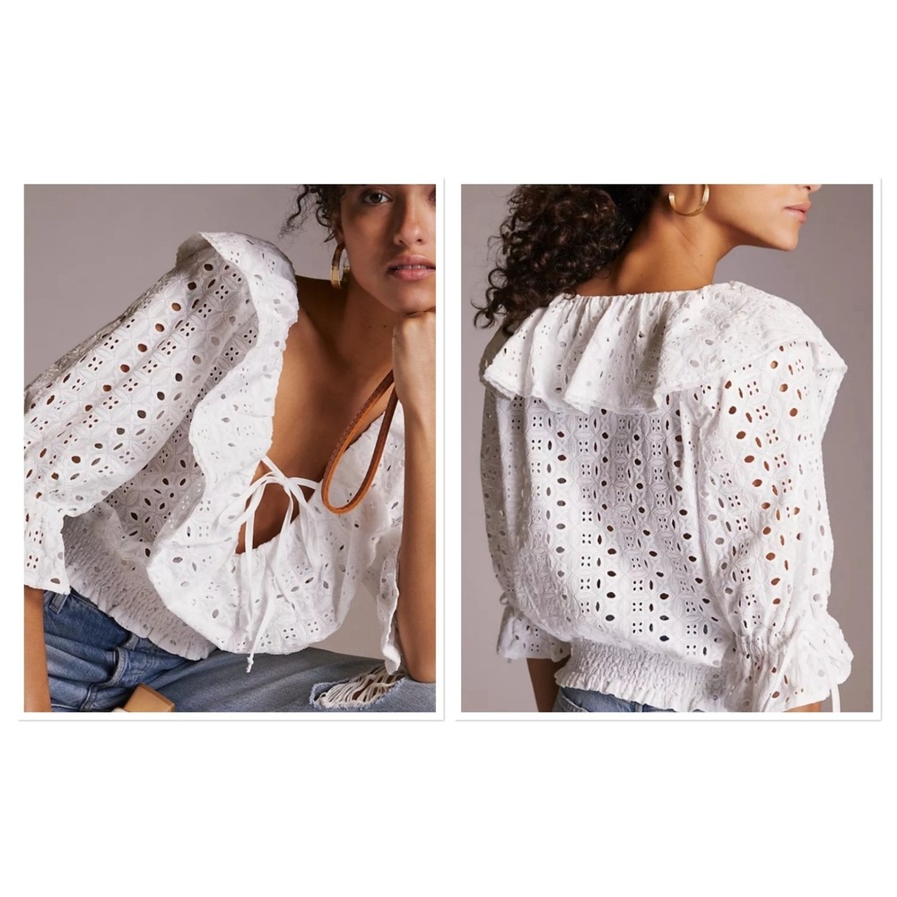 Porridge Anthropologie White Eyelet Lace Ruffle Tie Front Top Puff Sleeve XL